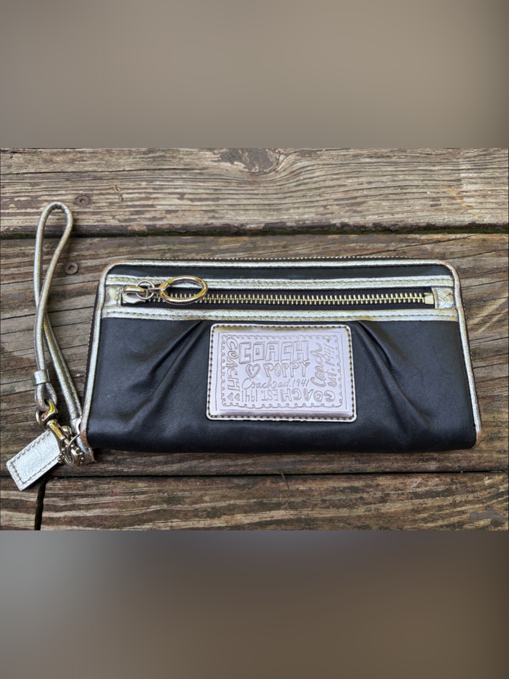 Coach Black Leather Wristlet with Metallic Silver Trim